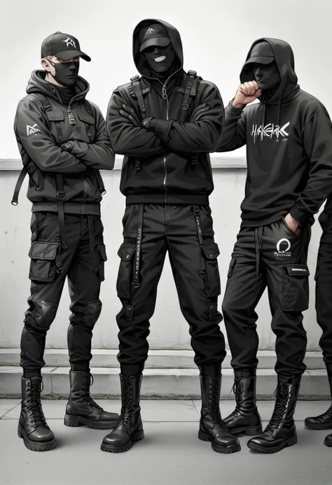 three men in black jackets and black pants standing next to each other