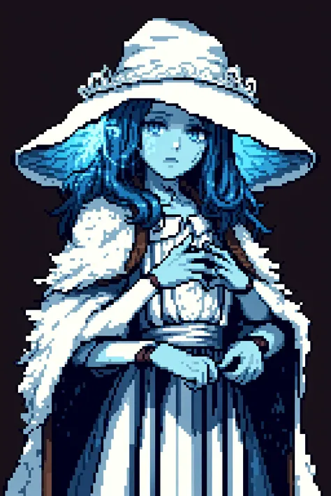 a pixel art of a woman in a white hat and blue dress