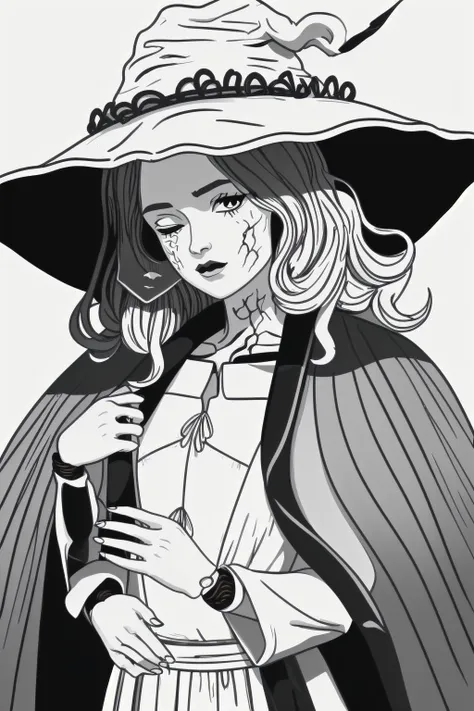 a drawing of a woman in a hat and cape holding a cigarette