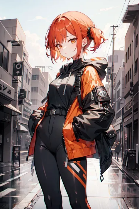 <lora:techwear:0.5> techwear,, ultra detailed, masterpiece, best quality, aesthetic, detailed,, solo, 1girl, red hair, orange eyes, amber eyes, swept bangs, parted bangs, <lora:LowTwintailsHelper:1> low twintails,
short hair, medium hair, small breasts, <l...