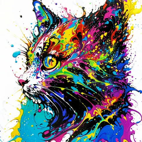 a painting of a cat with colorful paint splatters on it