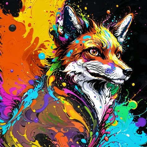 a painting of a fox with colorful paint splatters on it