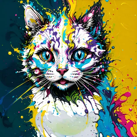 brightly colored cat with blue eyes and a yellow background