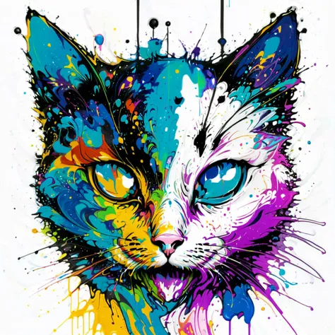 a close up of a cat with blue eyes and a colorful paint splatter