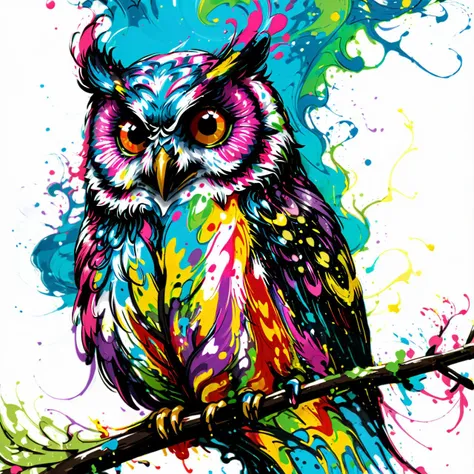 a colorful owl sitting on a branch with paint splatters