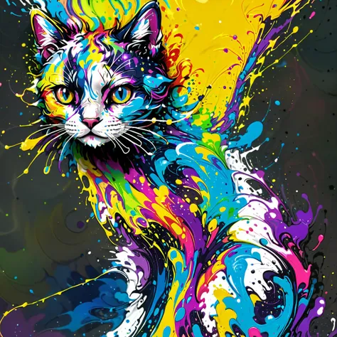 painting of a cat with colorful paint splatters on it