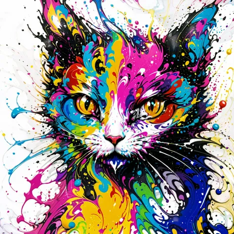 a painting of a cat with colorful paint splatters on it