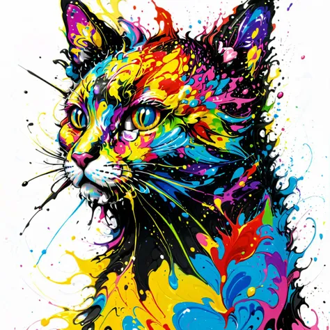 a painting of a cat with colorful paint splatters on it