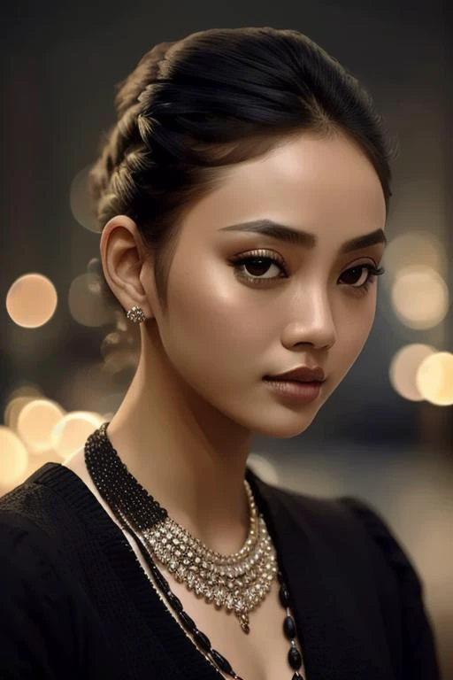 bangkoj_k0malai <lora:bangkoj_k0malai:1>, photo of a beautiful woman, closeup portrait, hair updo, lipstick, sideface, necklace, sweater, dark moody ambience, petite, (masterpiece:1.2) (photorealistic:1.2) (bokeh) (best quality) (detailed skin:1.2) (intric...