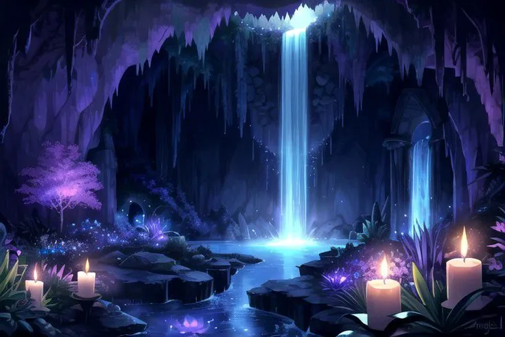 *Tall jungle waterfall background*
*Luni and Luna* *Pink, Blue, Violet, Indigo* *Aloe and Lotus*
*Druid Ruins* *Night* *Fireflies* *Candlelight*
 *Glowing cave entrance*