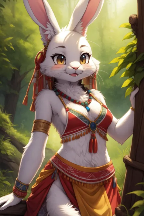 a white rabbit in a red dress standing next to a tree