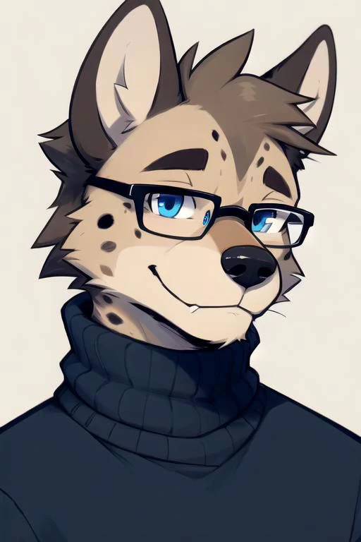turtleneck, glasses, (by zackary911, by braeburned, by haps), male,hyena,anthro,kemono,cap, deep blue eyes,