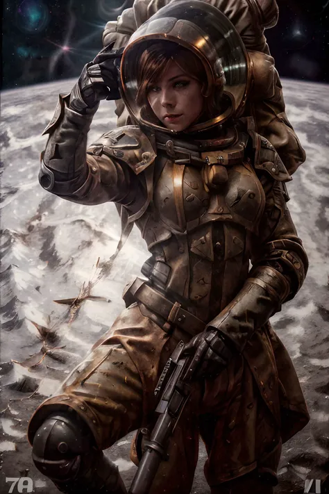 1girl, (photographic:1.3), (RAW photo:1.3), (ultra wide lens:1.3), (far shot:1.3), (selfie shot:1.3), ((clitman)), (an astronaut taking selfie floating on space:1.4), soldier, spacesuit, rifle, fighting, war, battle, (helmet on:1.3), (infinite space behind...