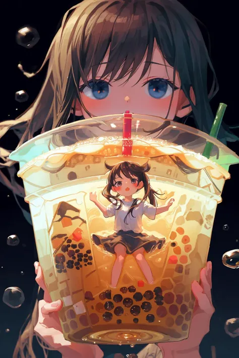 anime girl holding a bubble tea in a cup with bubbles