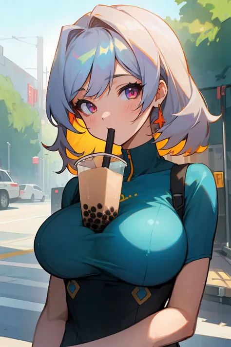 ((((ultra illustrated style:1.0)))),best quality,best animated,masterpiece,ray tracing, global illumination,bubble tea challenge,1girl, solo, looking at viewer, outdoors, upper body, large breasts, 
 <lora:bubble tea challenge-000011:0.9>