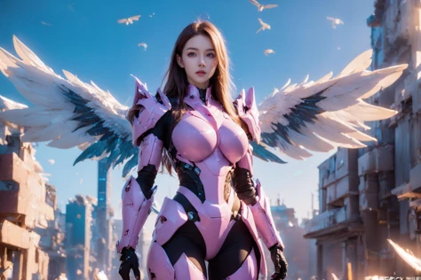 1girl,concept artwork,long hair,(a lonely solo boy:1.4),sky,wing,wings with fans,graphics card fan,strong male mecha warrior,mighty and domineering,cool mecha,32k,blue and white color scheme,(pink armor:1.05),white_background,standing,cowboy_shot,<lora:AGi...