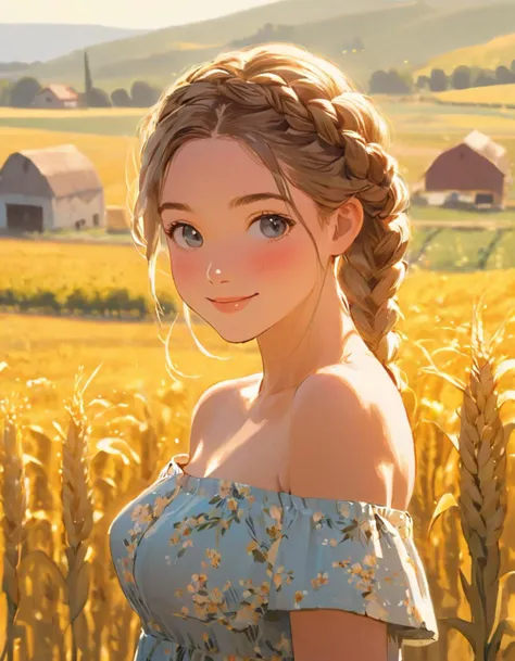 best quality, masterpiece, young 1girl with braided hair, dressed in Off-Shoulder Floral Sundress of , standing in a rustic farm setting. She has a pure and Innocent, soft, gentle smile, expressive eyes and sexy cleavage. beautiful and aesthetic, enchantin...