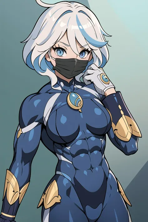 (toned body) abs(muscular:1.5) <lora:PokkutiV3:0.45>
(masterpiece, best quality, detailed), 1girl, solo, looking at viewer, furina, white hair, streaked hair, blue hair, blue eyes, small breasts, sheikah armor, bodysuit, mask, bandages, covered mouth, glov...