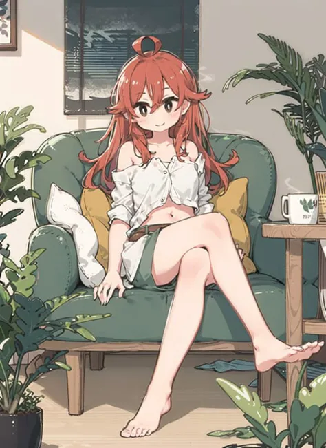 1girl, armchair, bamboo, bangs, bare legs, barefoot, belt, blinds, breasts, coffee, coffee mug, collarbone, couch, crossed legs, cup, feet, grass, hair between eyes, holding, holding cup, indoors, leaf, ahoge, long hair, closed mouth, smile, looking at vie...