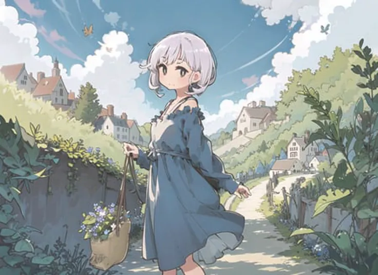 (1girl), (cowboy shot:1.3),A cute girl with short bob hair, a round face, and chubby cheeks. She is wearing a loose-fitting dress with a floral pattern, and carries a basket of fruits and vegetables in one hand. Her other hand is extended, as if inviting t...