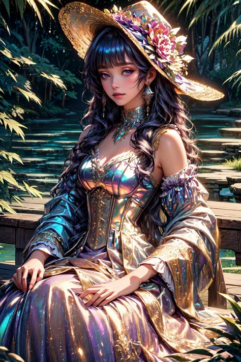 a close up of a woman in a dress and hat sitting on a bench