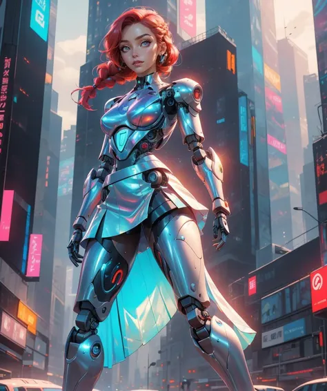 a woman in a futuristic suit standing on a city street