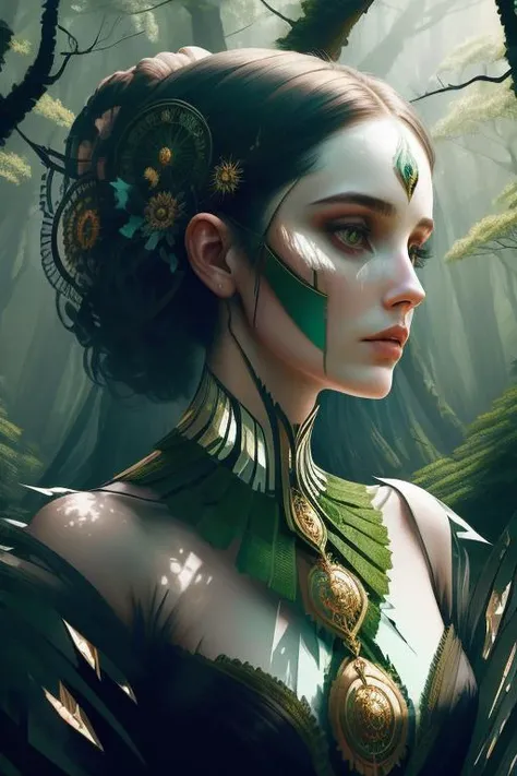 woman in a mythical forest, masterpiece, perfect face, intricate details, horror theme <lora:FragRealityTech:1> fragrealitytech, shattered warped reality, scifi,