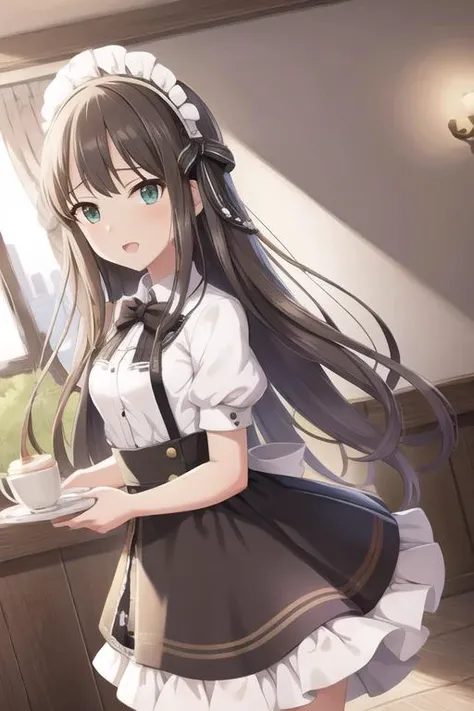 masterpiece, high quality, 1 girl, Shibuya Rin, green eyes, long hair, straight hair, small breasts, looking at viewers, 
Maid uniform, short sleeves,  short skirt,
beautiful background, Cafe, restaurant,  
 <lora:ShibuyaRinV4å§ç¸®-06:0.8>