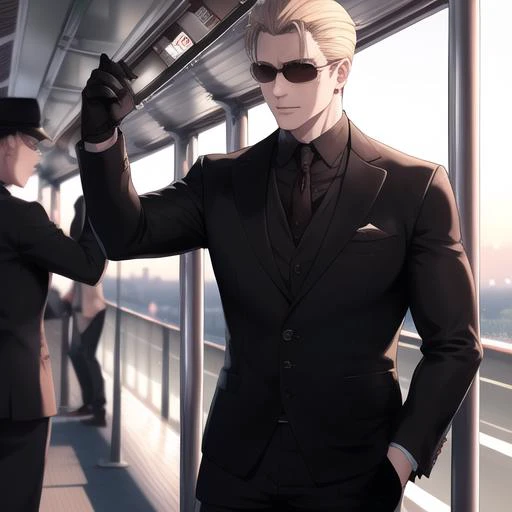 albert wesker weaving hand, saying goodbye to someone on the platform at a train station, combed back hair, high quality, high definition, masterpiece,