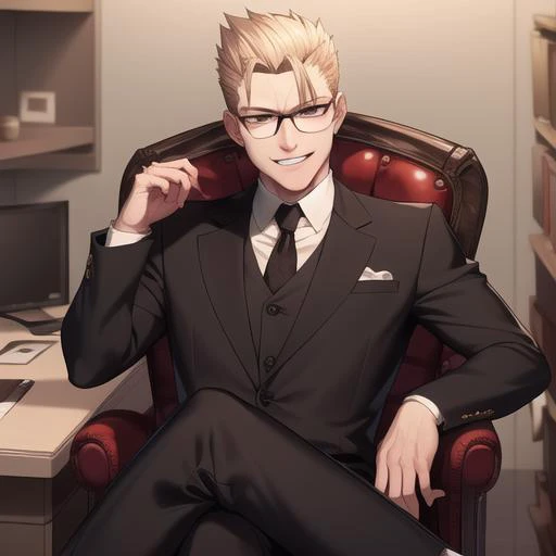 albert wesker sit on his president chair in his office, combed back hair, high quality, high definition, masterpiece, office, desk, smile sneer