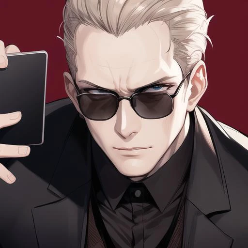 albert wesker looking at his smartphone, combed back hair, high quality, high definition, masterpiece,