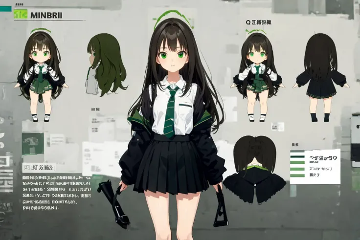 ((best quality)), ((masterpiece)), 
rin shibuya, black hair, (green eyes:1.5), long hair,
school uniform, white shirt, collared shirt, long sleeves, green necktie, striped necktie, miniskirt, black skirt, pleated skirt, 
<lora:rinshibuyatest:1>, 
<lora:blu...