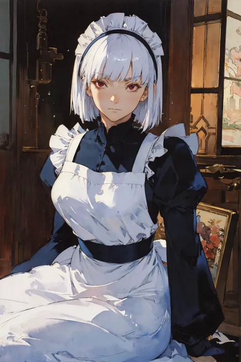 (highly detailed:1.3), (post-Impressionist:1.2), tezy8, <lora:tezy8 - Tezy8 Style:0.6>,masterpiece, best quality, extreme detail, 1girl,cowboy shot,((straght white bob hair)), red eyes,emotionless face, noire, serving tray of tea and cake, sweat tasty cupc...