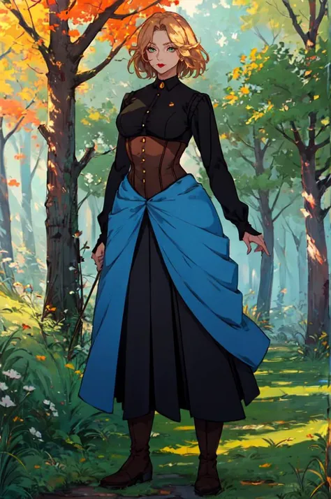 a woman in a blue dress standing in a forest