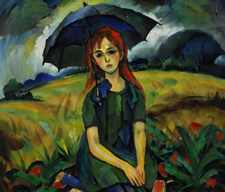 expressionist painting, a farmers girl sitting in a meadow, umbrella, melancholy, rain, fog, dark colors,detailed face, <lora:EldritchExpressionism:1>