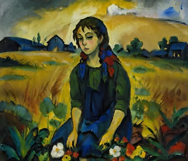 expressionist painting, a farmers girl sitting in a meadow, melancholy, rain, fog, dark colors,detailed face, <lora:EldritchExpressionism:1>