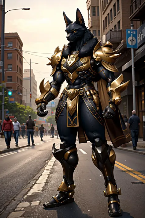 1kaijin, (full_body:1.2), solo, outdoors, street, city, cars, people, dynamic pose
egyptian, anubis, armor, male focus, clenched hands, animal ears, robot, standing
(masterpiece,  best_quality:1.3), (realistic:1.3), photorealistic,
<lora:kaijin_v5-000018:0...