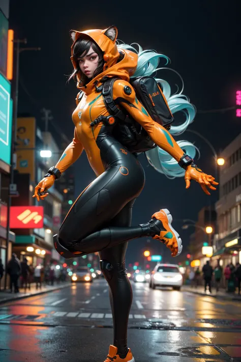 1kaijin, full_body, action_pose, leg apart, jumping. solo, outdoors, street, city, people, nighttime, (bokeh background:1.2)
woman, tiger, neon (yellow and orange and teal:1.2) asymmetrical body_plug_suit, 1girl, standing, alien, clear long_hair, hoodie, r...