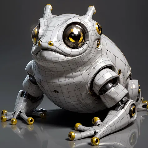 no humans, (frog:1.2), animal focus, simple background, realistic, grey background, solo, yellow eyes, black eyes, shiny skin, robot,
wireframe, monochrome,  <lora:topo_v3_t2i:0.6> ,