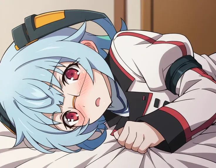 anime character laying on a bed with a headband on