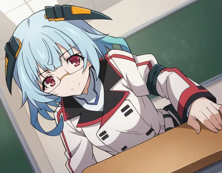 anime girl with blue hair and glasses sitting at a desk