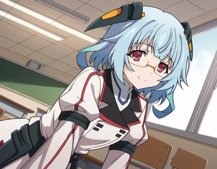 anime girl with blue hair and glasses in a classroom