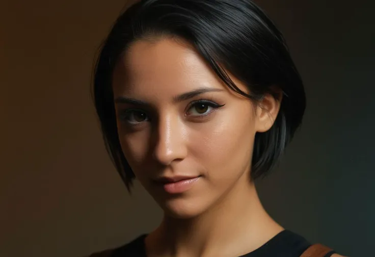 a close up of a woman with a brown bag looking at the camera