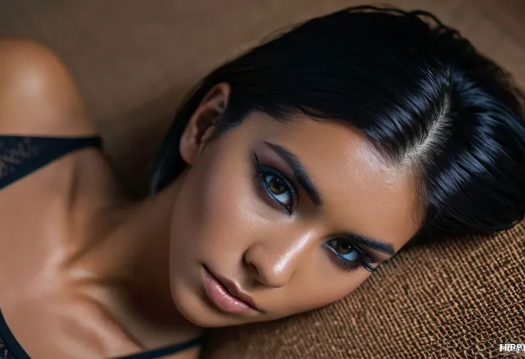 a close up of a woman laying on a couch with a black bra