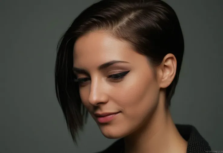 a close up of a woman with a black jacket and a black shirt