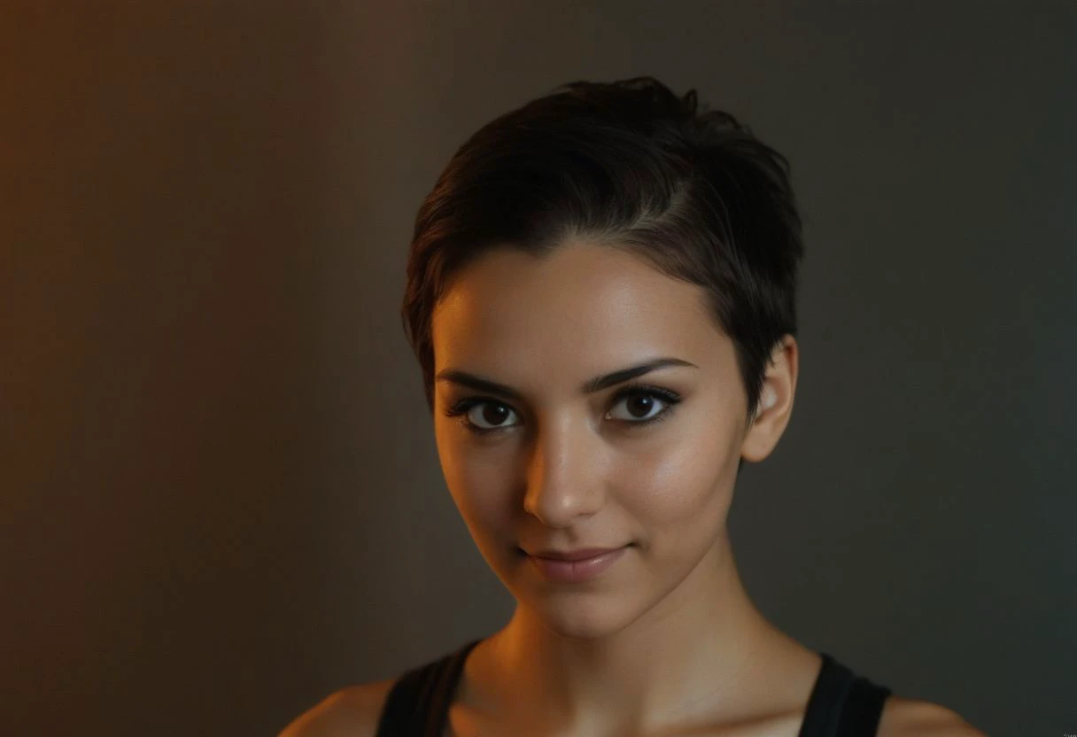 a close up of a woman in a black top holding a remote