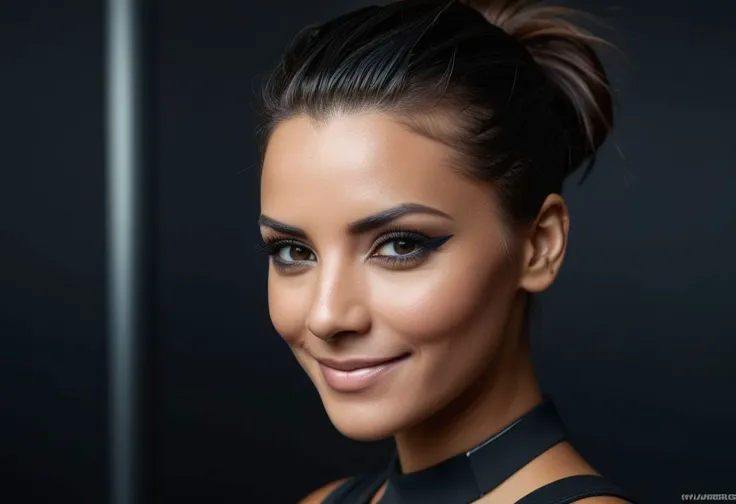 a woman with a ponytail bun in a black top and black dress