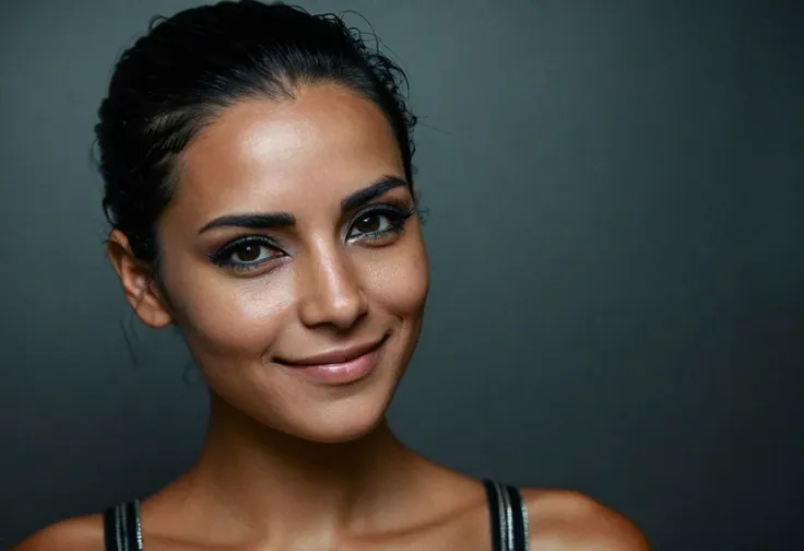 a close up of a woman with a black top and a black background