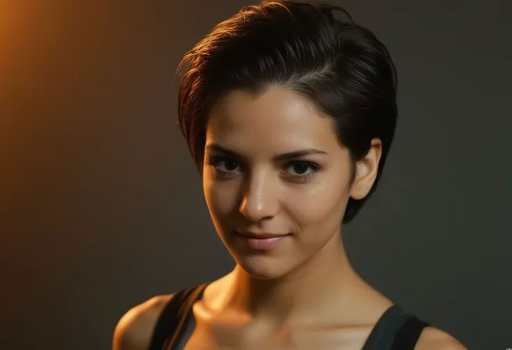 a close up of a woman with a black top and a black tank top