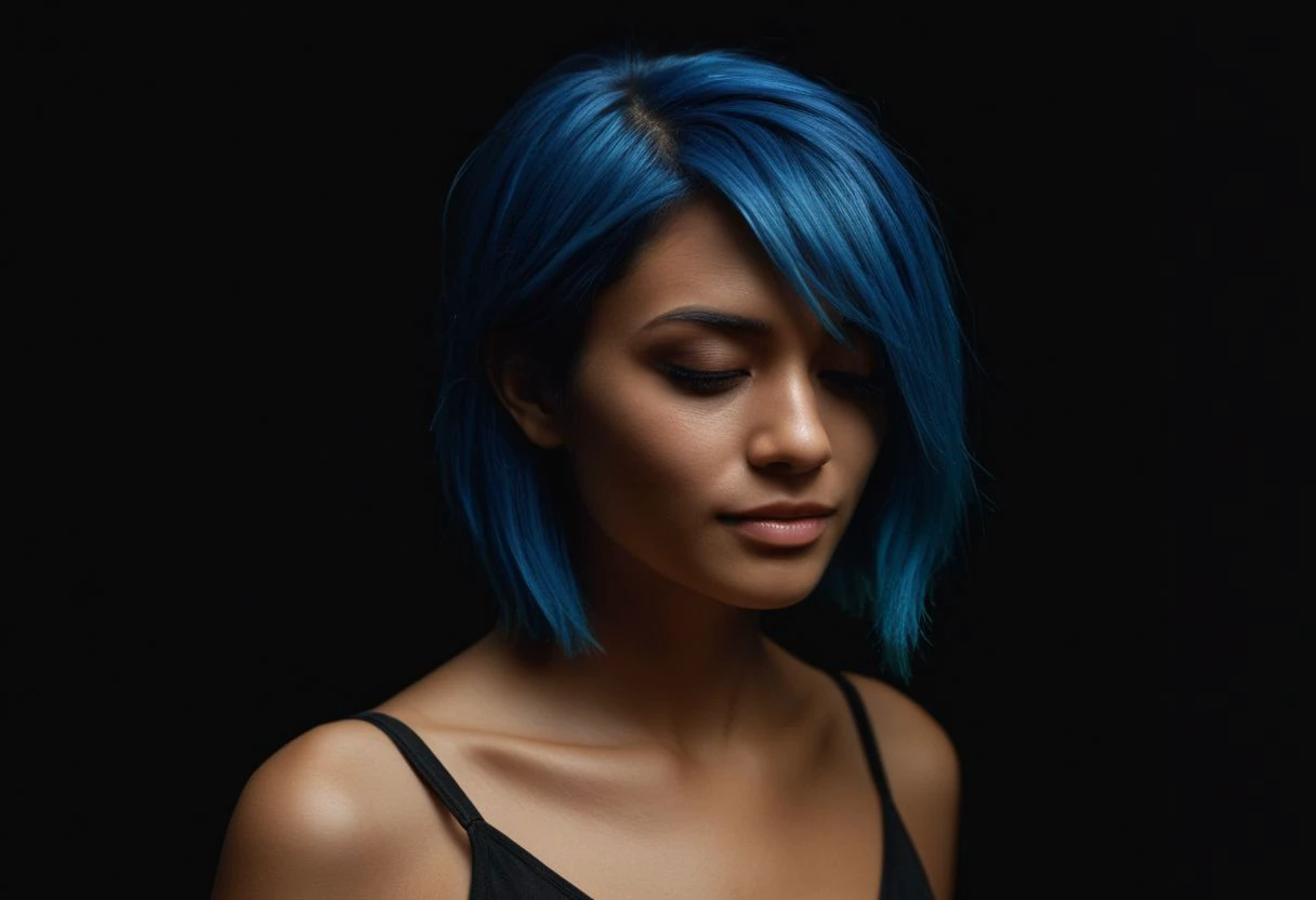 a close up of a woman with blue hair and a black top